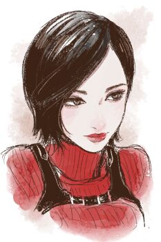 1girl ada_wong aegyo_sal breasts commentary hashtag-only_commentary highres illust2222 lips looking_to_the_side medium_breasts portrait red_lips red_sweater resident_evil resident_evil_4 resident_evil_4_(remake) ribbed_sweater short_hair smile solo sweater turtleneck turtleneck_sweater