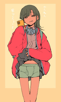 Rule 34 | 1boy, backpack, bag, black eyes, black skirt, blue bow, blue bowtie, border, bow, bowtie, boxer briefs, bright pupils, bulge, cellphone, clothes lift, crossdressing, crossdressing (mtf), dress shirt, feet out of frame, genderswap, genderswap (ftm), girlfriend (yoru mac), green hair, grey shirt, grin, henriiku (ahemaru), highres, holding, holding phone, jacket, lifting own clothes, looking at viewer, male underwear, open clothes, open jacket, orange border, outside border, phone, pleated skirt, ponytail, red jacket, school uniform, selfie, shirt, simple background, skirt, skirt lift, sleeves past wrists, smartphone, smile, smirk, standing, thigh gap, translation request, trap, underwear, white pupils, yellow background, yoru mac