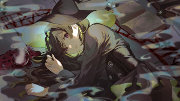 1girl absurdres book character_request colored_inner_hair commentary_request dress hat highres long_hair long_sleeves looking_at_viewer lying multicolored_hair nadzilla official_art omajinai_(synthesizer_v) open_mouth purple_eyes solo witch witch_hat