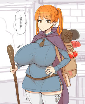 1girl abubu backpack bag belt book breasts cloak condom condom_packet_strip condom_wrapper dildo female_focus hood hooded_cloak large_breasts looking_at_viewer orange_eyes orange_hair pointy_ears potion sex_toy solo_focus staff thighhighs translation_request twintails
