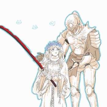 1boy 1girl armor blue_eyes braid breastplate closed_mouth doll_joints elden_ring elden_ring_nightreign executor_(elden_ring) flower_wreath gauntlets greaves hands_up head_wreath helmet highres holding holding_sword holding_weapon joints katana low_twin_braids pauldrons plume revenant_(elden_ring) robe shoulder_armor sugulu sweatdrop sword twin_braids veil weapon wide_sleeves