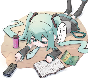 1girl aqua_eyes aqua_hair aqua_necktie bag_of_chips belt black_boots black_skirt black_sleeves boots bright_pupils commentary_request controller cup detached_sleeves drinking_straw grey_shirt hair_ornament hair_spread_out hatsune_miku jitome long_hair loose_belt lying manga_(object) motion_lines necktie on_stomach pleated_skirt remote_control shirt sidelocks skirt sleeveless sleeveless_shirt solo speech_bubble thigh_boots tie_clip translation_request twintails twitter_username v-shaped_eyebrows vocaloid white_pupils wooden_floor yasuno-labo yurie_mouth