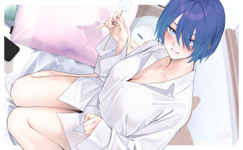 1girl asmr bed blue_hair bottomless breasts cellphone cleavage closed_mouth collared_shirt commentary_request gradient_hair highres holding lap_pillow_invitation large_breasts mimikaki multicolored_hair naked_shirt on_bed original oversized_clothes oversized_shirt phone pillow purple_eyes rerrere shirt short_hair signature sitting smartphone solo stuffed_animal stuffed_toy white_shirt