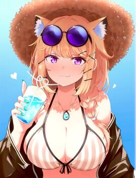 1girl animal_ear_fluff animal_ears aqua_nails arknights bikini black-framed_eyewear black_jacket blonde_hair blue_background blush breasts brown_bikini brown_hat cleavage closed_mouth commentary_request crazy_straw drink drinking_straw eyewear_on_head fang fingernails hair_ornament hairclip hat heart heka=ton highres holding holding_drink jacket jewelry large_breasts long_hair long_sleeves looking_at_viewer nail_polish off_shoulder official_alternate_costume pendant purple_eyes round_eyewear skin_fang smile solo straw_hat striped_bikini striped_clothes sun_hat swimsuit triangle_bikini_top upper_body utage_(arknights) utage_(summer_flowers)_(arknights) vertical-striped_bikini vertical-striped_clothes white_bikini