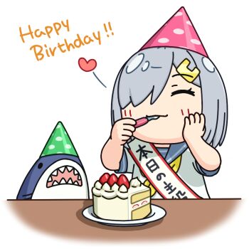 1girl cake closed_eyes commentary_request eating food grey_hair grey_sailor_collar hair_ornament hair_over_one_eye hairclip hama!_(3toshinhmkz) hamakaze_(kancolle) happy_birthday hat kantai_collection neckerchief no_nose party_hat sailor_collar sash school_uniform serafuku short_hair simple_background smile solo strawberry_shortcake stuffed_animal stuffed_shark stuffed_toy white_background yellow_neckerchief