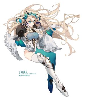 1girl aqua_eyes aqua_pantyhose armor artist_name asymmetrical_legwear blonde_hair breasts collared_leotard curled_horns english_text ereshkigal_(fate) fate/grand_order fate_(series) floating floating_hair full_body gloves goshiko86g grey_gloves high_heels highleg highleg_leotard horns impossible_clothes knee_armor large_breasts leotard long_hair looking_at_viewer pantyhose parted_bangs sheep sheep_horns simple_background single_leg_pantyhose single_thighhigh smile solo space_ereshkigal_(fate) thighhighs tiara very_long_hair