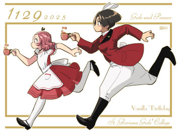 2girls adapted_costume alice&#039;s_adventures_in_wonderland alice_(alice_in_wonderland) alice_(alice_in_wonderland)_(cosplay) animal_ears aoneco apron artist_name back_bow birthday black_boots black_choker black_hair black_shoes boots bow character_name choker closed_mouth commentary copyright_name cosplay cup cursive dated dress earrings english_text fake_animal_ears fake_tail flats from_side girls_und_panzer holding holding_cup jacket jewelry long_sleeves medium_dress medium_hair multiple_girls pants rabbit_ears rabbit_tail red_dress red_hair red_jacket rosehip_(girls_und_panzer) running shoes short_hair short_sleeves signature stud_earrings tail tea teacup vanilla_(girls_und_panzer) white_apron white_bow white_pants white_rabbit_(alice_in_wonderland) white_rabbit_(alice_in_wonderland)_(cosplay)