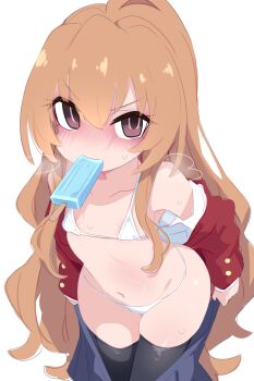 1girl aisaka_taiga annoyed bikini black_thighhighs blazer blue_skirt blush brown_eyes brown_hair clothes_pull collarbone dot_nose eating embarrassed empty_eyes feet_out_of_frame female_focus flat_chest from_above jacket kukuchi581 kyojiri_loli loli long_sleeves looking_at_viewer looking_up matching_hair/eyes micro_bikini open_clothes open_jacket open_shirt red_jacket shirt simple_background skirt skirt_pull solo standing swimsuit thighhighs toradora! unbuttoned unbuttoned_shirt undressing wavy_hair white_background white_bikini white_shirt wide_hips