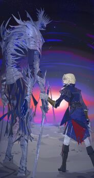 Rule 34 | 1girl, 1other, absurdres, armor, blindfold mask, blonde hair, blue surcoat, duchess (elden ring), elden ring, elden ring nightreign, extra arms, full armor, full body, gloves, greatsword, helmet, heolstor the nightlord, highres, holding, mask, nslacka, size difference, spiked helmet, sword, weapon, white gloves