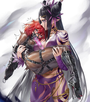 2girls applying_gag armbinder arms_behind_back black_hair bodysuit bound bound_arms bound_legs breasts character_request clenched_teeth dildo_gag drooling dungeon_and_fighter gag gagged ginklaga large_breasts latex latex_bodysuit legbinder long_hair medium_hair multiple_girls navel open_mouth plug_gag pointy_ears red_eyes red_hair restrained skin_tight small_breasts standing stomach tattoo teeth very_long_hair