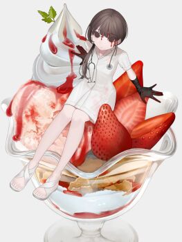 1girl ambiguous_red_liquid black_eyes black_gloves black_hair blood blood_from_forehead blood_on_gloves closed_mouth food food_focus fruit full_body gloves highres ice_cream in_food lab_coat looking_at_viewer mini_person minigirl nurse original parfait sandals shoes short_hair short_sleeves simple_background sitting solo stethoscope strawberry strawberry_parfait strawberry_slice syrup test_norma1 white_shoes