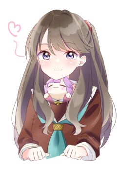 1girl :3 absurdres anyoji_hime aqua_neckerchief blunt_bangs blush blush_stickers brown_dress brown_hair character_doll clenched_hands closed_eyes closed_mouth commentary_request cropped_torso doll dress fujishima_megumi hasu_no_sora_school_uniform heart highres jacket link!_like!_love_live! long_hair long_sleeves looking_at_viewer love_live! neckerchief nesoberi object_in_clothes pink_hair pink_jacket purple_eyes ririn_(ririn_501) sailor_collar sailor_dress school_uniform sidelocks simple_background smile solo split_mouth swept_bangs two_side_up upper_body virtual_youtuber white_background white_sailor_collar winter_uniform yellow_neckerchief