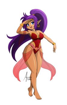 Rule 34 | 1girl, aizasama4, bare shoulders, blue eyes, breasts, cleavage, dark-skinned female, dark skin, earrings, highres, jewelry, large breasts, leotard, long hair, pointy ears, purple hair, shantae, shantae (series), very long hair, white background