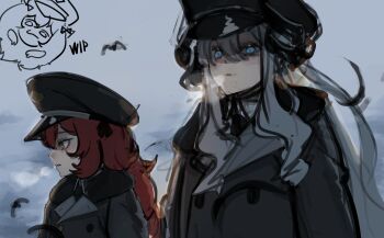 2girls absurdres alternate_costume bird black_coat black_hat blue_archive breath buttons chibi chibi_inset cloud coat demon_horns fluffy_hair fur-trimmed_coat fur_trim glowing glowing_eyes grey_hair hair_between_eyes hair_intakes hat highres holong5020 horns iroha_(blue_archive) long_hair long_sidelocks looking_ahead looking_at_viewer makoto_(blue_archive) multiple_girls peaked_cap red_hair sidelocks unfinished