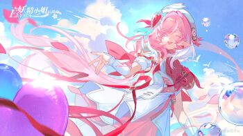 1girl ;o absurdres air_bubble balloon beret blue_sky breasts bubble chinese_commentary commentary_request diamond-shaped_pupils diamond_(shape) dress earrings elf elysia_(hi_love_elf)_(honkai_impact) elysia_(honkai_impact) hat heart heart_balloon heart_earrings highres honkai_(series) honkai_impact_3rd jewelry large_breasts long_hair multicolored_hair nizi_w one_eye_closed pink_hair pointy_ears purple_eyes red_dress second-party_source sky smile solo symbol-shaped_pupils two-tone_hair very_long_hair white_dress white_hair