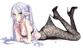 1girl absurdres bare_arms bare_shoulders black_bra black_shoes blue_flower blue_petals blush bra breasts cleavage commentary earrings elf english_commentary fishnet_pantyhose fishnets flower frieren full_body green_eyes high_heels highres hooked_on_heel jewelry lace_pantyhose_hooked_on_heel_(meme) looking_to_the_side lying medium_breasts medium_hair meltyrice meme midriff navel on_stomach pantyhose parted_bangs petals pointy_ears shoes sidelocks simple_background solo sousou_no_frieren thick_eyebrows tongue tongue_out twintails underwear white_background white_hair