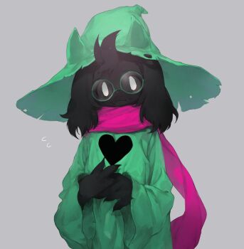 1boy animal_ears black_fur body_fur deltarune fangs flying_sweatdrops furry furry_male glasses goat_boy goat_ears green-framed_eyewear green_hat green_robe grey_background hat male_focus own_hands_together pink_scarf ralsei ralsei_(hat) robe round_eyewear scarf simple_background skin_fangs solo upper_body utdr_(toby_fox) white_eyes wide_sleeves yukiumisaka