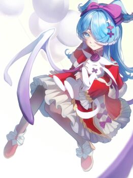 1girl aqua_eyes balloon blue_hair bow commentary_request cross-shaped_pupils dress elira_pendora footwear_bow frilled_dress frills full_body hair_bow hair_over_one_eye head_wings highres invisible_chair long_hair looking_at_viewer low_wings nijisanji nijisanji_en pantyhose pikl_(elira_pendora) red_pantyhose santa_costume santa_dress simple_background sitting symbol-shaped_pupils virtual_youtuber white_background wings xiaomiao_zzz
