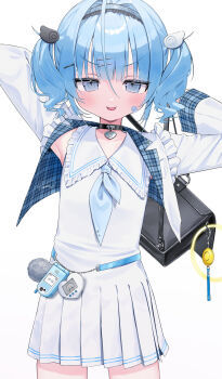 1girl :p absurdres ahoge armpits arms_behind_head arms_up bag bandaid bandaid_on_cheek bandaid_on_face black_bag black_choker blue_eyes blue_hair blue_hairband blue_jacket blue_neckerchief choker closed_mouth commentary_request cowboy_shot crime_prevention_buzzer cropped_jacket dress flat_chest frilled_jacket frilled_sailor_collar frills hair_intakes hair_ornament hairband hairclip heart heart_choker highres holding holding_bag jacket koyubita long_sleeves looking_at_viewer medium_hair neckerchief open_clothes open_jacket original plaid_clothes plaid_jacket pleated_dress sailor_collar sailor_dress simple_background sleeveless sleeveless_dress solo tongue tongue_out twintails two-sided_fabric two-sided_jacket v-shaped_eyebrows white_background white_dress white_jacket white_sailor_collar wing_hair_ornament