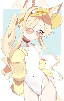 1girl animal_ear_fluff animal_ears blonde_hair blue_archive breasts clothing_cutout covered_navel cowboy_shot cross_halo diamond_cutout fox_ears fox_girl fox_tail halo highleg highleg_one-piece_swimsuit highres jacket loli long_hair official_alternate_costume official_alternate_hairstyle one-piece_swimsuit orange-tinted_eyewear orange_eyes seia_(blue_archive) seia_(swimsuit)_(blue_archive) si_shirono side_ponytail sleeves_past_fingers sleeves_past_wrists small_breasts solo sunglasses swimsuit tail tinted_eyewear visor_cap white_one-piece_swimsuit yellow_halo yellow_jacket yellow_visor