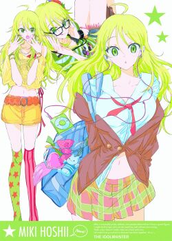 1girl :o :q adjusting_eyewear ahoge asymmetrical_legwear bag belt bespectacled black-framed_eyewear blazer blonde_hair bow bowtie brown_jacket character_name commentary_request denim denim_shorts dress_shirt earbuds earphones earrings english_text eyelashes flower glasses green_eyes green_shirt hair_flower hair_ornament highres hoshii_miki idolmaster idolmaster_(classic) jacket jewelry long_hair looking_at_viewer loose_bowtie mismatched_legwear mismatched_thighhighs mp3_player multiple_views multiple_wristbands najuco_(naju0517) navel off_shoulder official_alternate_costume parted_lips partially_unbuttoned pink_nails plaid_clothes plaid_skirt pleated_skirt school_uniform shirt shorts sitting skirt smile solo star_(symbol) star_earrings striped_clothes striped_shirt tassel thighhighs tongue tongue_out white_background white_shirt wispy_bangs wristband yellow_shirt yellow_skirt