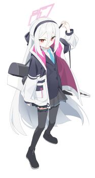 1girl absurdres black_hairband black_shoes black_skirt black_thighhighs blue_archive blue_necktie commentary_request full_body fuyubone hair_between_eyes hairband halo highres jacket kei_(blue_archive) kei_(new_body)_(blue_archive) long_sleeves looking_at_viewer necktie pink_halo pleated_skirt red_eyes shoes simple_background skirt solo standing thighhighs white_background white_hair white_jacket zettai_ryouiki