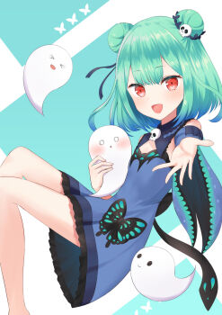 >_< 1girl animal_print barefoot blue_dress blue_hair blush bug butterfly butterfly-shaped_pupils butterfly_print commentary double_bun dress fandead_(uruha_rushia) flat_chest floating furutori ghost gradient_hair green_hair hair_bun hair_ornament hair_ribbon highres holding_another's_waist hololive insect long_sleeves looking_at_viewer multicolored_hair o_o open_mouth outstretched_hand red_eyes ribbon short_hair skull_hair_ornament skull_ornament symbol-shaped_pupils uruha_rushia uruha_rushia_(1st_costume) virtual_youtuber