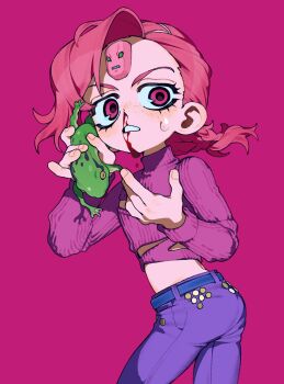 1boy animal belt blood blue_belt braid crop_top deformed dokanplll epitaph_(jojo) freckles frog hashtag-only_commentary highres holding holding_animal holding_frog jojo_no_kimyou_na_bouken long_hair long_sleeves male_focus midriff nosebleed pants pink_background pink_eyes pink_hair purple_pants purple_sweater ribbed_sweater solo stand_(jojo) sweater teardrop turtleneck turtleneck_sweater vento_aureo