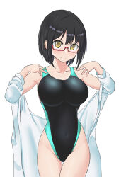 Rule 34 | 1girl, aimobake, bare shoulders, bespectacled, black hair, blush, breasts, closed mouth, collarbone, commentary, covered navel, cowboy shot, glasses, hands up, highres, idolmaster, idolmaster cinderella girls, idolmaster cinderella girls starlight stage, large breasts, long sleeves, looking at viewer, off shoulder, pink-framed eyewear, semi-rimless eyewear, shirt, short hair, simple background, smile, solo, standing, takafuji kako, two-tone one-piece swimsuit, two-tone swimsuit, under-rim eyewear, white background, white shirt, yellow eyes