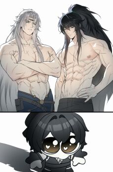 1girl 2boys abs absurdres black_hair black_pants blue_pants brown_eyes calcharo_(wuthering_waves) chibi closed_eyes closed_mouth collarbone crossed_arms female_rover_(wuthering_waves) groin hand_on_own_hip hashtag-only_commentary highres long_hair multiple_boys multiple_scars navel niahti nipples pants parted_lips ponytail pouch qiuyuan_(wuthering_waves) rover_(wuthering_waves) scar scar_on_arm scar_on_chest scar_on_shoulder tacet_mark_(wuthering_waves) teeth thigh_pouch topless_male very_long_hair white_hair wuthering_waves