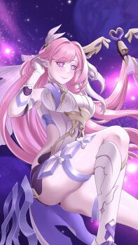 Rule 34 | 1girl, bell, black shorts, boots, breasts, commentary request, corset, diamond-shaped pupils, diamond (shape), elf, elysia (herrscher of human: ego) (honkai impact), elysia (honkai impact), eniles99, gloves, highres, honkai (series), honkai impact 3rd, large breasts, long hair, looking at viewer, multicolored hair, pink hair, pointy ears, purple eyes, russian commentary, shorts, sky, smile, solo, star (sky), starry sky, symbol-shaped pupils, thighs, two-tone hair, very long hair, white boots, white corset, white gloves, white hair