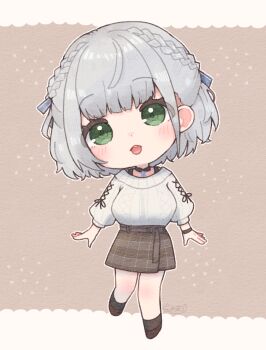 Rule 34 | 1girl, amari (ama shiiiiiiba), arms at sides, black choker, black socks, black tank top, blue ribbon, blunt bangs, blush, braid, breasts, brown background, brown shoes, brown skirt, chestnut mouth, chibi, chibi only, choker, cross-laced clothes, cross-laced sleeves, crossed bangs, double-parted bangs, full body, green eyes, grey hair, hair ribbon, half up braid, half updo, highres, hololive, large breasts, long sleeves, medium hair, miniskirt, official alternate costume, official alternate hairstyle, parted hair, plaid clothes, plaid skirt, ribbed sweater, ribbon, shirogane noel, shirogane noel (casual), shoes, skirt, socks, solo, sweater, tank top, virtual youtuber, watermark, white sweater, wispy bangs