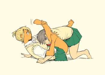 2girls bent_over blonde_hair bow breasts catfight clothes_grab fujita_kakuji green_skirt jiu-jitsu looking_at_another lying multiple_girls on_back original ponytail school_uniform short_hair simple_background skirt sleeve_grab strangling tagme tan wrestling