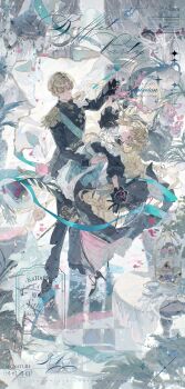 1boy 1girl absurdres aiguillette apron aqua_sash berry black_coat black_dress black_footwear black_gloves black_pants blonde_hair bracelet brooch cake chandelier chinese_commentary coat collared_coat commentary_request commission couple cross_hair_ornament cup cupcake curtains dancing dress dress_pants dress_shoes epaulettes eyelashes floating_hair folding_fan food formal_clothes frilled_apron frilled_dress frilled_sleeves frills full_body gloves gold_medal grey_eyes guozimiao hair_ornament hand_fan hand_on_another&#039;s_hip hand_on_hand hetero high_heels highres holding holding_fan holding_hands icing indoors jewelry lace-trimmed_apron lace_trim leaning_back long_dress long_hair long_sleeves looking_at_another looking_at_viewer macaron medal military_uniform original pants parted_bangs parted_lips pipette plate pouring puffy_long_sleeves puffy_sleeves purple_eyes reflective_floor sample_watermark sash saucer short_hair sleeve_cuffs smile spill star_brooch stiletto_heels swiss_roll table tablecloth tea teacup teapot telekinesis tiramisu too_many_watermarks very_long_hair watermark watermark_grid wavy_hair weibo_watermark white_apron