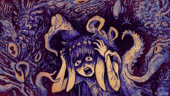 1girl alien_(1979) alien_(1979) alien_(series) arms_up artist_name baloolax blunt_bangs commentary crazy_eyes english_commentary extra_eyes extra_mouth gradient_hair hands_on_own_head hands_up highres hololive hololive_english horror_(theme) long_hair monster multicolored_hair ninomae_ina&#039;nis ninomae_ina&#039;nis_(1st_costume) purple_hair purple_theme screaming shaded_face sharp_teeth solo teeth tentacle_hair tentacles twitter_username virtual_youtuber xenomorph