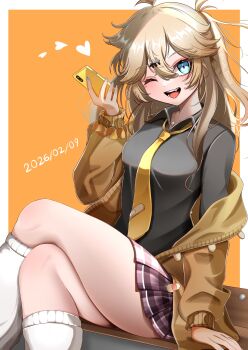 Rule 34 | 1girl, ;d, absurdres, antenna hair, bandaid, bandaid on clothes, black shirt, blonde hair, blue eyes, blush, border, breasts, brown cardigan, cardigan, collared shirt, commentary request, crossed legs, dated, double-parted bangs, fang, feet out of frame, gyaru, hair between eyes, hair ornament, hairclip, hand up, heart, highres, jewelry, kasukabe tsumugi, kneehighs, kogal, large breasts, legs, long hair, long sleeves, looking at viewer, loose necktie, magatama, magatama necklace, miniskirt, mole, mole under eye, necklace, necktie, nishi snails, off shoulder, one eye closed, one side up, open cardigan, open clothes, open mouth, orange background, outside border, plaid clothes, plaid skirt, pleated skirt, purple skirt, school uniform, scrunchie, shirt, sidelocks, simple background, sitting, skirt, smile, socks, solo, thighs, voicevox, white border, white socks, wrist scrunchie, yellow necktie