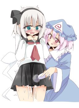 2girls alternate_costume black_hairband black_sailor_collar black_skirt blue_hat blue_kimono blush commentary_request dildo frilled_kimono frills green_eyes grey_hair hairband hat highres hitachi_magic_wand hitodama holding holding_sex_toy japanese_clothes kimono konpaku_youmu konpaku_youmu_(ghost) long_sleeves mob_cap multiple_girls neckerchief open_mouth pink_eyes pink_hair pleated_skirt pussy_juice red_neckerchief saigyouji_yuyuko sailor_collar sailor_shirt school_uniform sex_toy shirt shishiky skirt sweat touhou trembling triangular_headpiece vibrator white_shirt wide_sleeves yuri