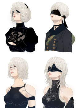 Rule 34 | 10h (nier reincarnation), 2b (nier:automata), 2girls, a2 (nier:automata), black gloves, blindfold, blue eyes, commentary, english commentary, gloves, highres, implied yuri, ipod, long hair, mitsuki nite, mp3 player, multiple girls, musical note, nier:automata, nier (series), nier reincarnation, short hair, white background, white hair