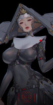1girl artist_name black_background breasts close-up commentary cross habit high_heels highres large_breasts lipstick looking_at_viewer love_cacao makeup nun original parted_lips red_eyes signature simple_background solo