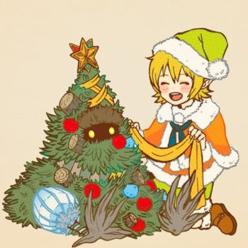 1boy bad_id bad_pixiv_id blonde_hair blue_ribbon blush_stickers brown_shoes closed_eyes dwarf_(grimms_notes) fir_tree fir_tree_(grimms_notes) green_hat grimms_notes hat holding lowres misoshiru_umai4 monster open_mouth ribbon santa_hat shoes short_hair simple_background smile star_(symbol) teeth tree upper_teeth_only