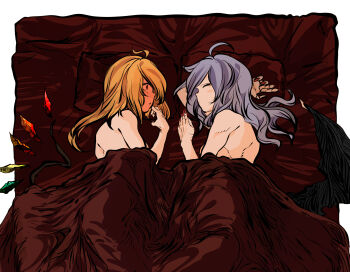 2girls ahoge bare_shoulders bat_wings blonde_hair blush closed_eyes closed_mouth crystal_wings dot_mouth fingernails flandre_scarlet highres implied_after_sex implied_incest kyanduru long_hair looking_at_another lying multiple_girls nail_polish nude on_back on_side purple_hair red_eyes red_nails remilia_scarlet sharp_fingernails touhou under_covers wings