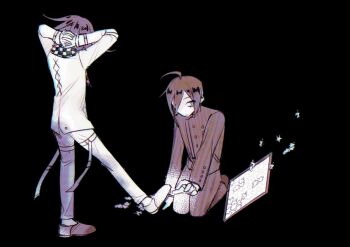 Rule 34 | 2boys, ahoge, arms behind head, black background, black hair, black jacket, bullying, buttons, checkered clothes, checkered scarf, collared jacket, commentary request, danganronpa (series), danganronpa v3: killing harmony, eyelashes, flipped hair, hair between eyes, jacket, kicking, kneeling, long sleeves, male focus, multiple boys, oma kokichi, pants, pinstripe jacket, pinstripe pants, pinstripe pattern, purple hair, puzzle, puzzle piece, saihara shuichi, scarf, short hair, simple background, songpyeon (sssssong), standing, striped clothes, striped jacket, thigh strap, two-tone scarf