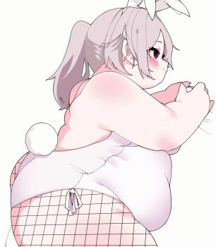 1boy 1girl animal_ear_hairband animal_ears ass backless_leotard bare_arms bare_shoulders blush breasts chile_paper closed_mouth commentary_request erection fake_animal_ears fake_tail fat fishnet_pantyhose fishnets from_side grey_hair hairband handjob hands_up hetero highres large_breasts leotard long_hair looking_ahead obese original pantyhose penis pink_eyes playboy_bunny ponytail profile rabbit_ear_hairband rabbit_ears rabbit_tail ribbon sidelocks simple_background smile solo_focus standing tail two-handed_handjob white_background white_hairband white_leotard white_ribbon white_tail
