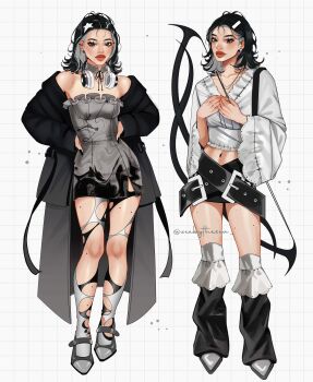 1girl abstract aegyo_sal asymmetrical_pantyhose belt belt_skirt black_coat black_dress black_hair black_nails black_pantyhose black_skirt bow_(weapon) closed_mouth coat collar collarbone colored_inner_hair cropped_kimono detached_pants dress ear_piercing earrings eyelashes fashion fingernails flipped_hair forehead frilled_dress frilled_kimono frilled_pants frills full_body gradient_coat grey_collar grey_dress grey_hair grey_pantyhose grey_shoes grey_streaks grid_background hair_behind_ear hair_ornament hairclip hands_on_own_chest hands_on_own_hips headphones headphones_around_neck highres japanese_clothes jewelry kimono kitten_heels large_belt long_fingernails looking_at_viewer medium_hair midriff mole mole_on_arm mole_on_cheek mole_on_collarbone mole_on_forehead mole_on_leg mole_on_neck mole_on_shoulder mole_on_stomach multicolored_hair multiple_moles multiple_views navel necklace open_clothes open_coat orange_lips original pants pantyhose parted_bangs piercing shoes short_dress side_slit silver_(zeebythesea) skirt star_(symbol) star_hair_ornament strapless strapless_dress streetwear thick_eyebrows thick_lips torn_clothes torn_pantyhose trench_coat twitter_username two-tone_dress two-tone_pantyhose weapon weapon_on_back white_background white_kimono white_nails wide_sleeves zeebythesea