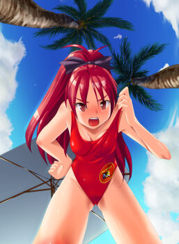 Rule 34 | 10s, 1girl, baywatch, cloud, commission, day, dyda, fang, from below, highleg, highleg one-piece swimsuit, highres, lifeguard, long hair, looking at viewer, mahou shoujo madoka magica, mahou shoujo madoka magica (anime), one-piece swimsuit, palm tree, ponytail, red eyes, red hair, red one-piece swimsuit, ribbon, sakura kyoko, sky, swimsuit, thigh gap, tree