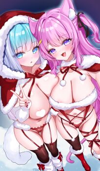 2girls animal_ear_fluff animal_ears aqua_hair areola_slip black_ribbon blue_eyes boots breasts brown_thighhighs capelet cat_ears censored cleavage commentary_request hair_ribbon heart heart_censor highres huge_breasts katsushika_pachi knee_boots multiple_girls navel original pink_hair purple_eyes red_boots red_capelet revealing_clothes ribbon santa_costume standing stomach thighhighs v