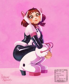 1girl arlowa bodysuit boku_no_hero_academia boots brown_eyes brown_hair commentary costume english_commentary high_heel_boots high_heels highres lips looking_at_viewer short_hair simple_background solo squatting uraraka_ochako uraraka_ochako_(hero_outfit)