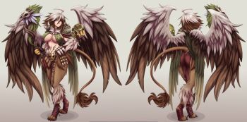1girl ahoge breasts closed_mouth commentary commission english_commentary feathered_wings full_body grey_background griffon_(monster_girl_encyclopedia) hair_between_eyes holding holding_skull large_breasts lion_tail monster_girl monster_girl_encyclopedia monster_girl_encyclopedia_ii multicolored_hair navel reference_sheet second-party_source skull suika-x tail two-tone_hair wings