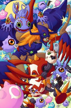 Rule 34 | absurdres, antennae, armor, blonde hair, claws, closed eyes, colored sclera, colored skin, creature, diablomon, digimon, digimon (creature), evolutionary line, green eyes, green sclera, helmet, highres, horns, infermon, keramon, keratayokichi, kuramon, long arms, monster, no humans, one-eyed, open mouth, purple skin, red eyes, red horns, red sclera, sharp teeth, single horn, smile, spikes, teeth, tentacles, tsumemon, yellow eyes