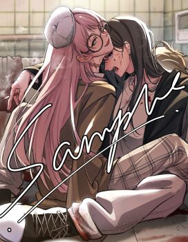 Rule 34 | 2girls, absurdres, bang dream!, bang dream! it's mygo!!!!!, bite mark, bite mark on neck, black choker, black hair, blood, blood on hands, chihaya anon, chinese commentary, choker, cigar, commentary request, ear piercing, fang, grey eyes, grey hat, grey pants, hat, hero45439083942, highres, long hair, looking at viewer, multiple girls, pants, piercing, pink hair, purple eyes, sample watermark, shiina taki, sitting, skin fang, strangulation mark, watermark, yuri